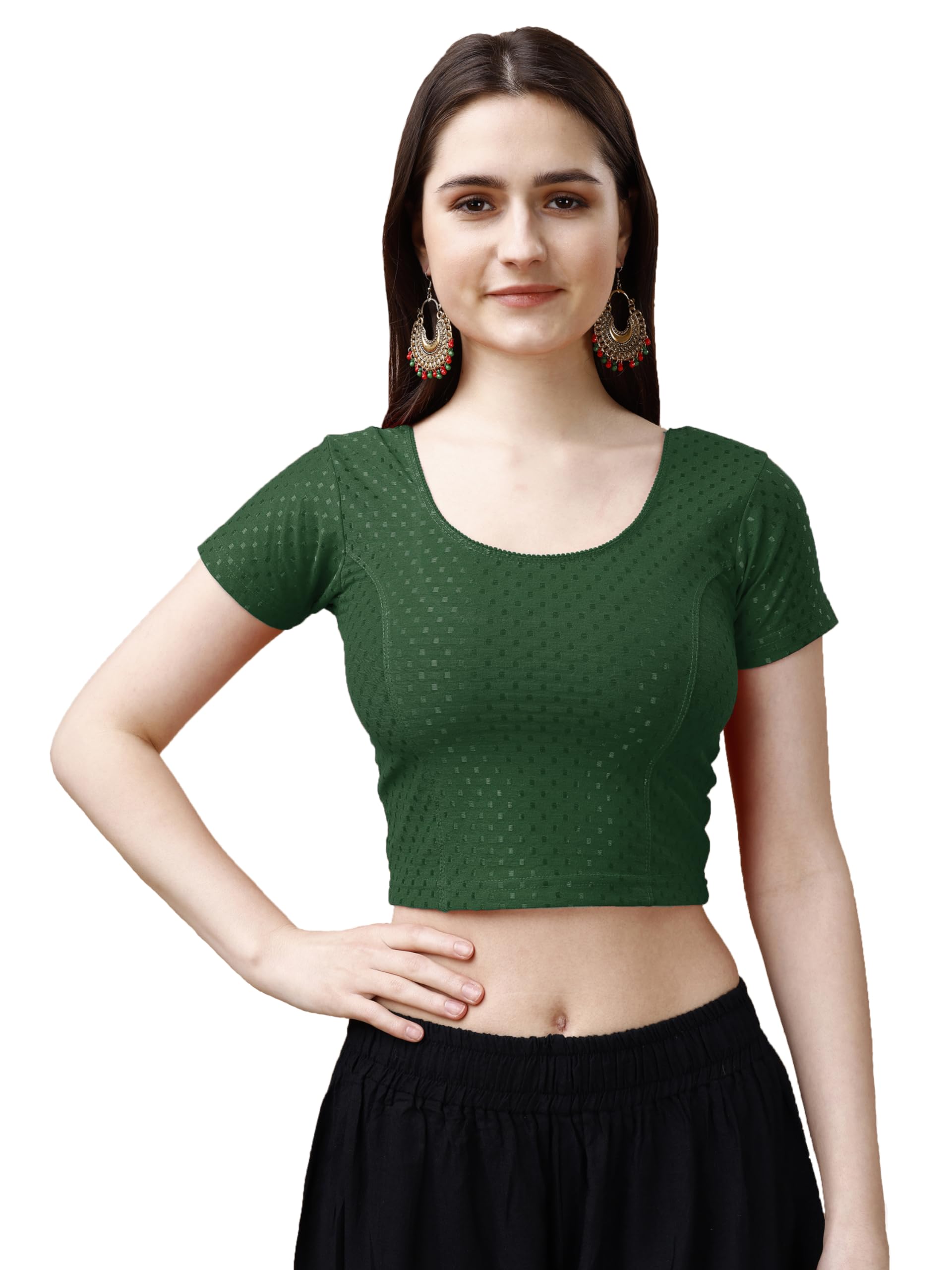 Pujia Mills Womens Readymade Dobby Cotton Lycra Stretchable Round Neck Short Sleeve Blouse Fancy Green Color Lycra Stretchable