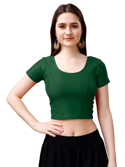 Pujia Mills Womens Readymade Dobby Cotton Lycra Stretchable Round Neck Short Sleeve Blouse Fancy Green Color Lycra Stretchable