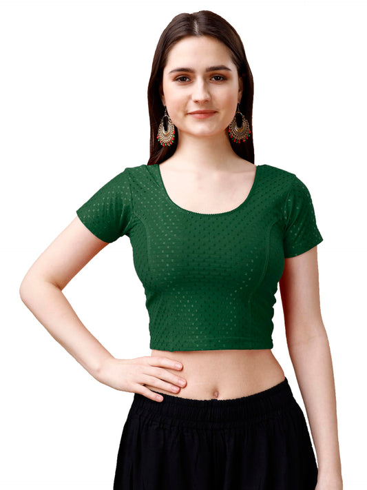 Pujia Mills Womens Readymade Dobby Cotton Lycra Stretchable Round Neck Short Sleeve Blouse Fancy Green Color Lycra Stretchable