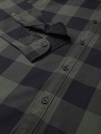 Dennis Lingo Men s Cotton Buffalo Check Slim Fit Casual Shirt with Pocket, Full Sleeve Shirt for Formal & Casual Wear (C442_OLIV