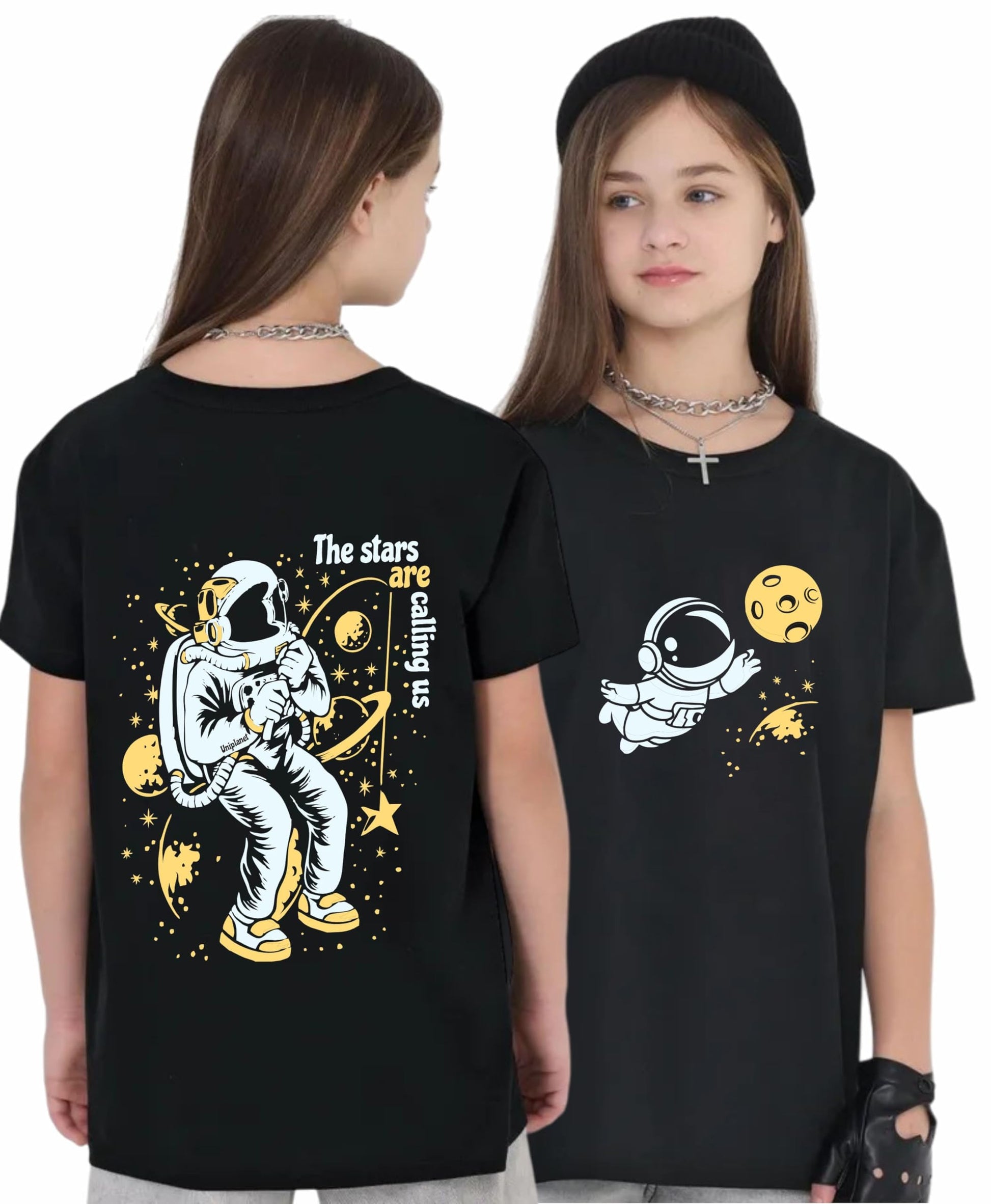 Uniplanet Store GirlS Cotton Blend T-Shirts With Space Theme Graphic Printed Half Sleeves Round Neck Regular Fit And Standard L