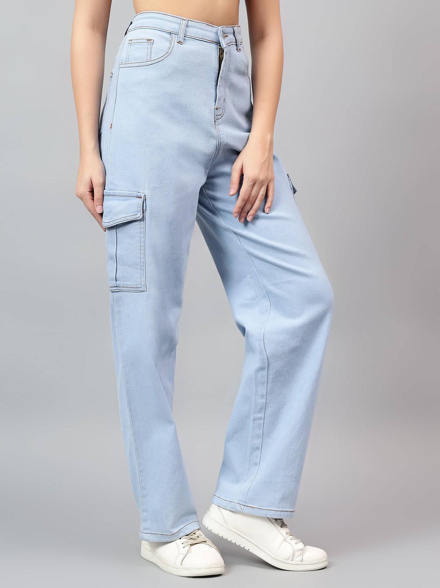 Kotty WomenS High Rise Solid Cotton Blend Stylish Cargo Jeans(Blue,30)