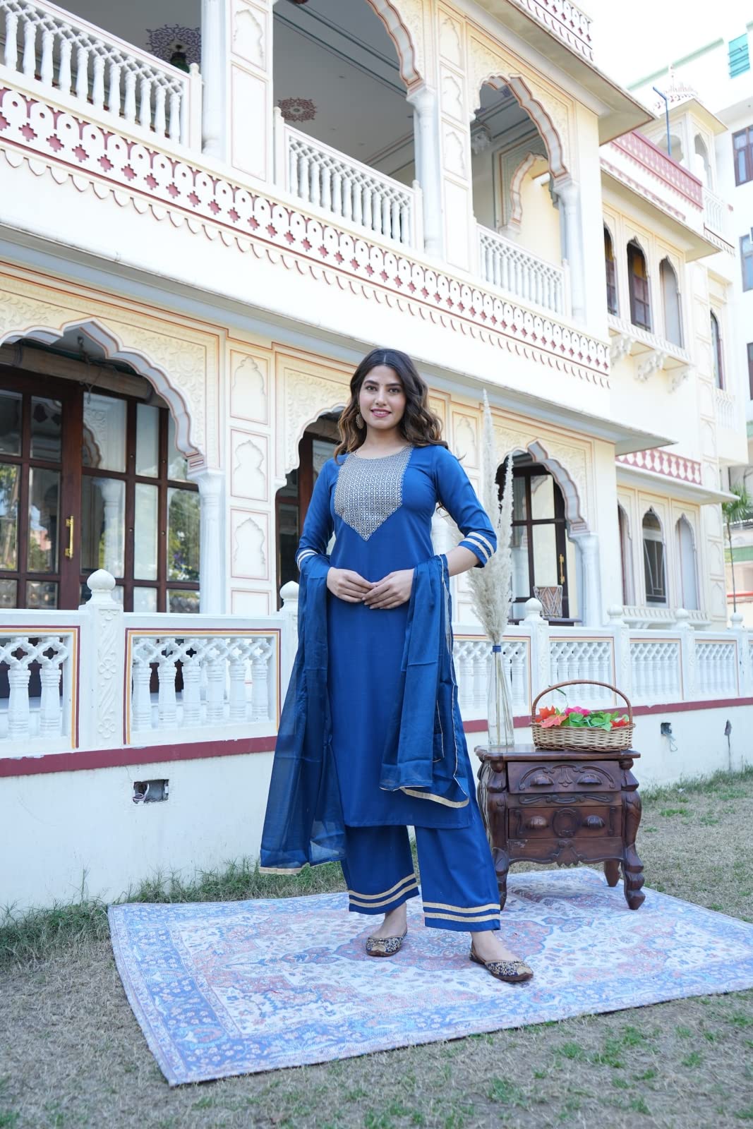 ANNI DESIGNER Women's Ruby Cotton Straight Solid Kurta with Palazzo & Dupatta (Label CEROSIN-Jan40)