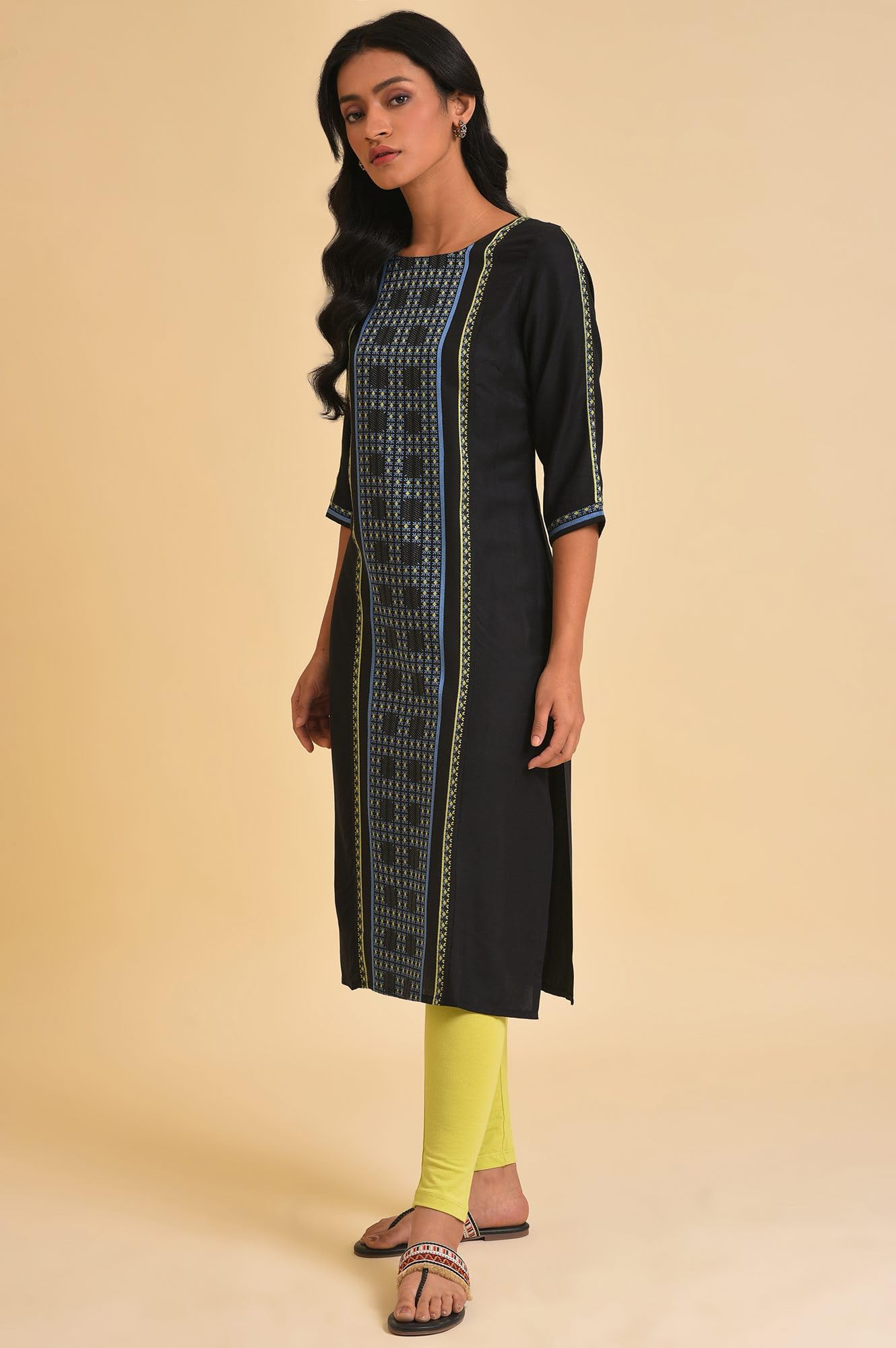 W Black Geometric Printed Cotton-Rayon Blend Straight Long Kurta For Women