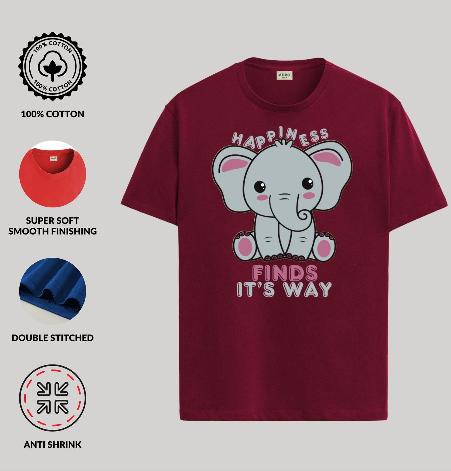 ADRO T Shirts for Boys & Girls | Elephant Printed T-Shirt | Ages 3-14 | 100% Cotton Round Neck Tshirt for Boys |KRN-L2-FINDS-MR-
