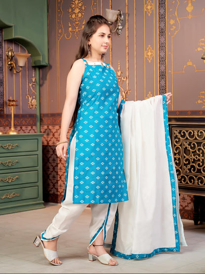 Aarika Girls Ethnic Wear Sea Green-Cream Colour Printed Silk Dhoti Kurta Set-8-15 Years (Dh-Tr-K-941)