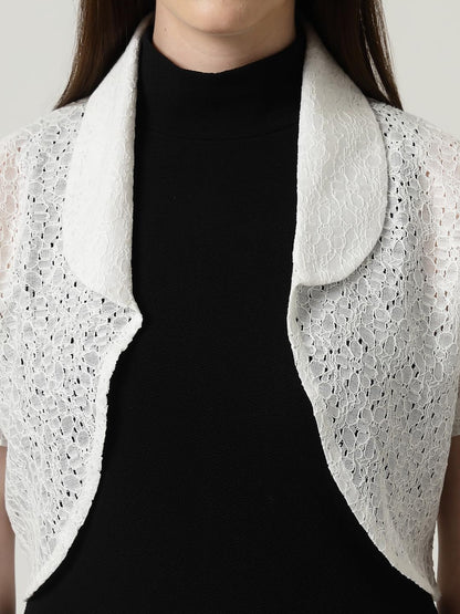 Style Quotient Women White Cotton Lace Open Front Crop Shrug