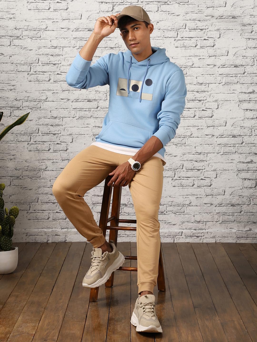 Nobero MenS Cotton Blend Neck Hooded Sweatshirt (1M-Twho-C0680_Powder Blue