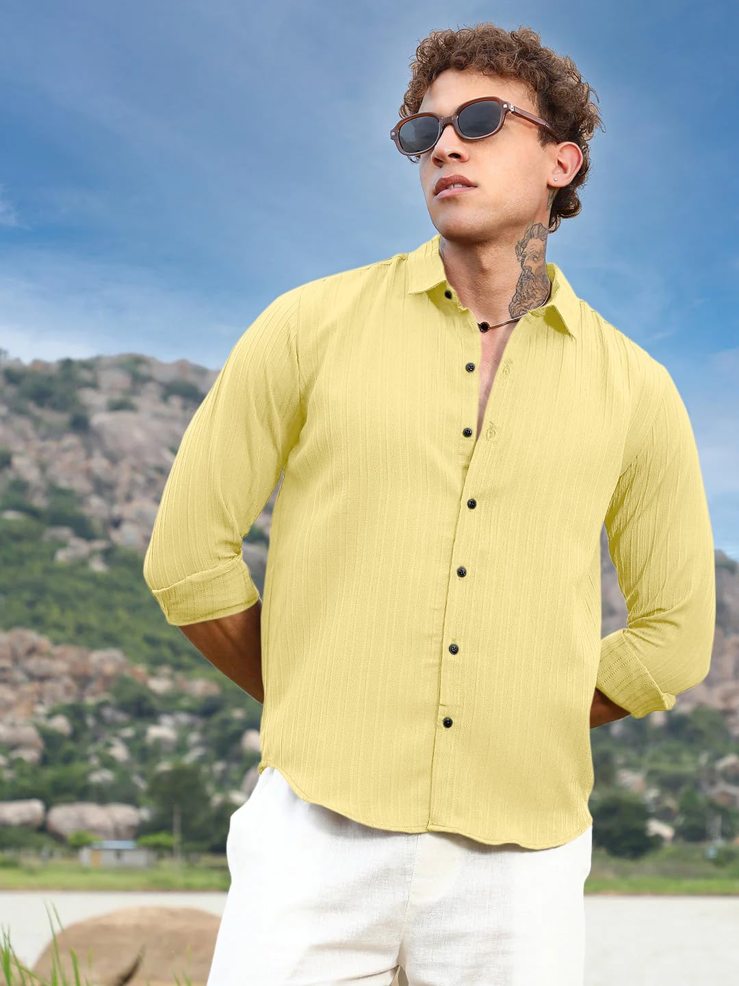Finivo Fashion MenS Striped Cotton Casual Button Down Shirts Long Sleeve Textured Summer Beach Shirt For Men Yellow
