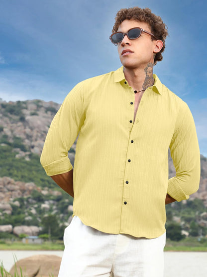 Finivo Fashion MenS Striped Cotton Casual Button Down Shirts Long Sleeve Textured Summer Beach Shirt For Men Yellow