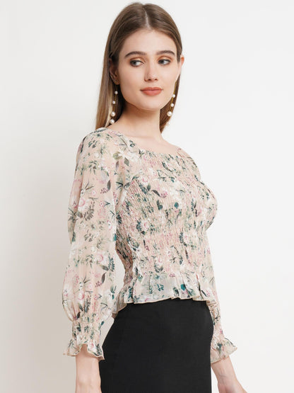POPWINGS Casual Floral Print Chiffon Regular Fit Tops for Women || Full Sleeves Summer Tops for Women || Square Neck Smocking Pa