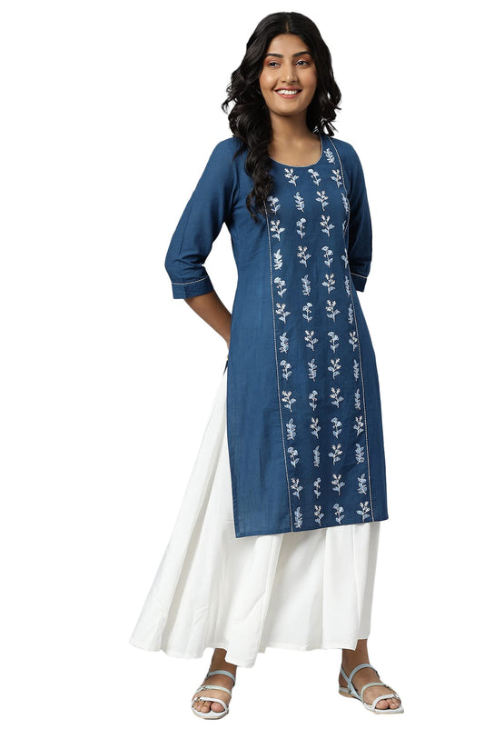 Aurelia Women Navy Blue Cotton Solid Straight Kurta
