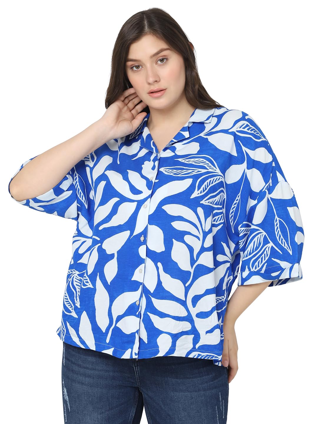 Vero Moda Curve Women Tropical Print Blue Viscose Relaxed Fit Shirt