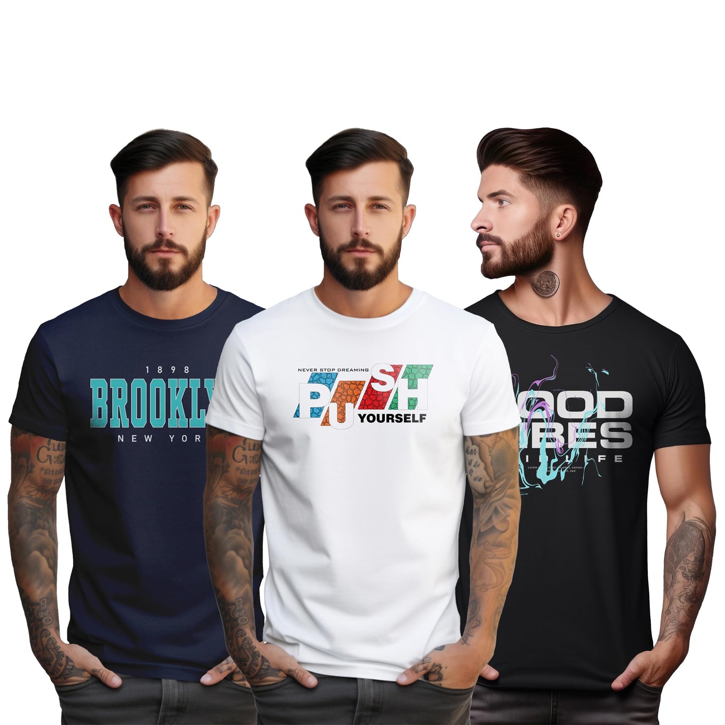 Peppyzone S to 5XL Stylish Printed Cotton Round Neck Tshirt for Men - 100% Cotton, Half Sleeve, Combo Pack of 3 T Shirts for Men