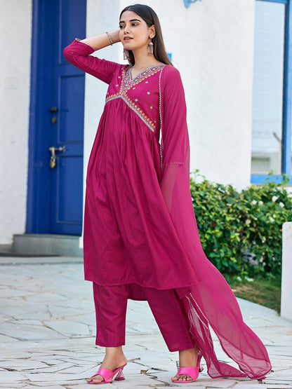 Sanisa Womens Art Silk Sequence Embroidery Work Alia Cut Kurta with Pant and Dupatta Set| Ethnic Set | Suit Set | Kurta Set(163