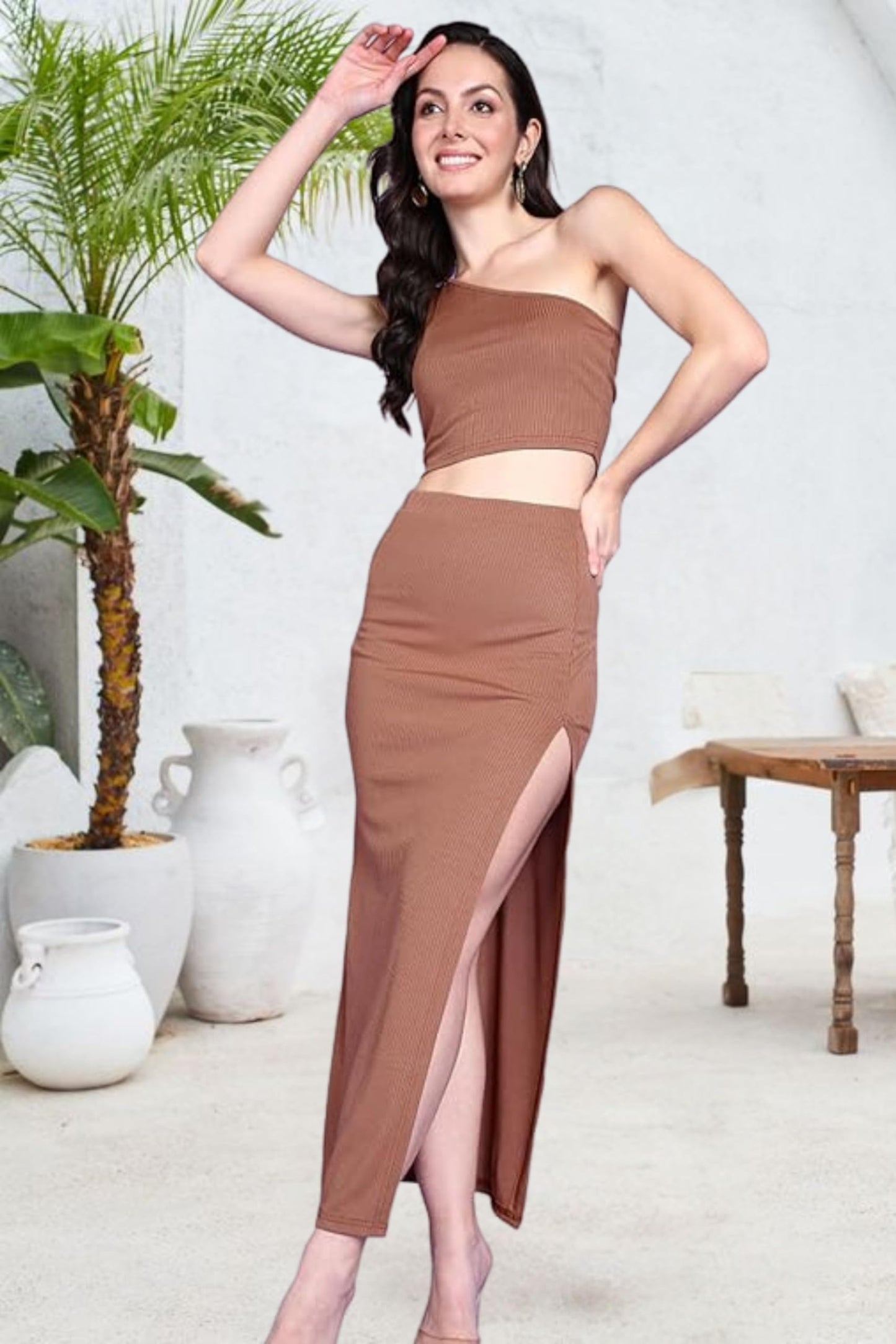 POPWINGS Polyester Casual Solid Top And Skirt Set For Women | Stylish Western Co-Ord Set For Women | Crop Top And Long Slit Skir