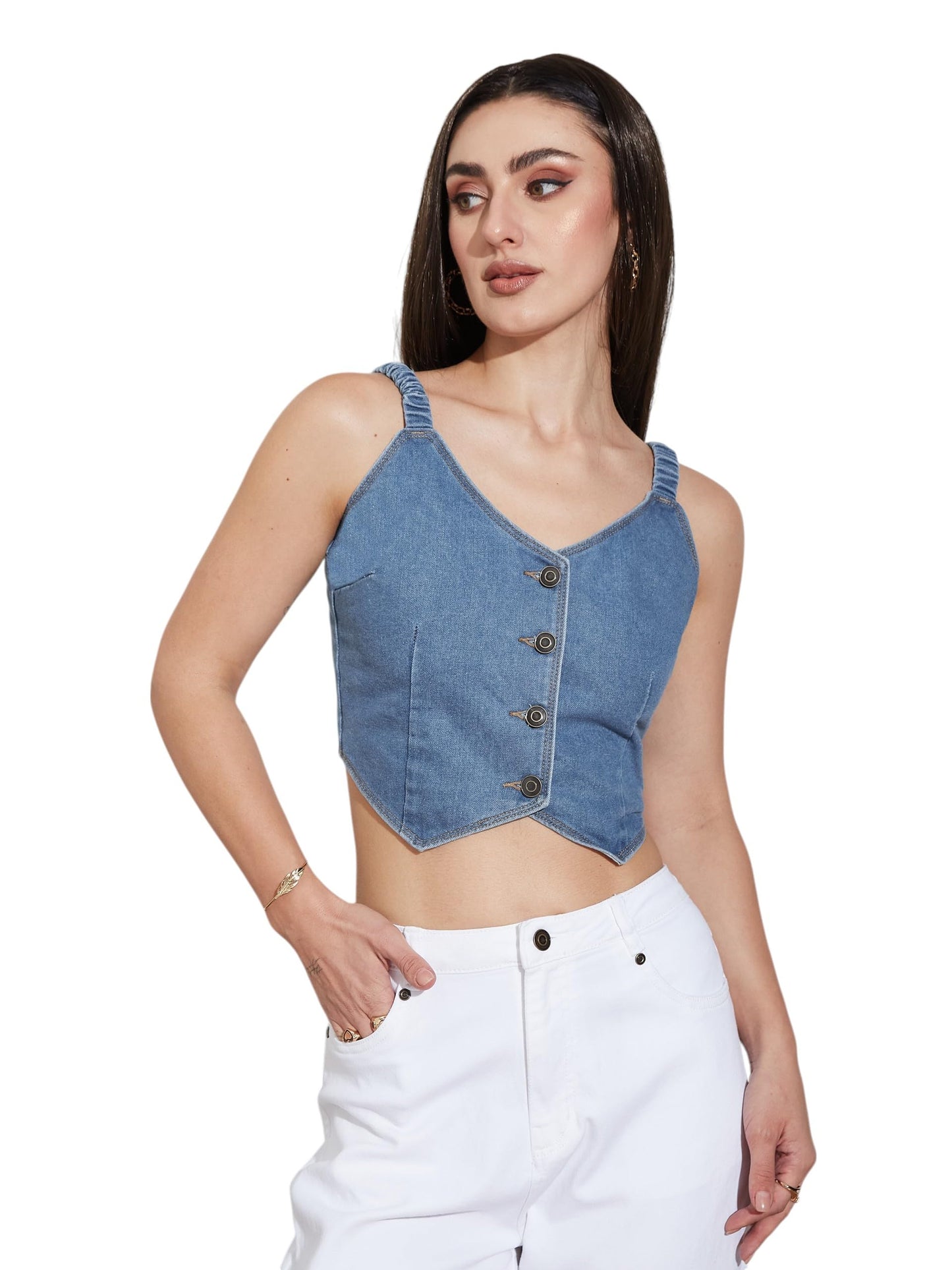 Miss Chase Womens V Neck Straps Sleeve -Styled Cropped Denim Top,(MCSS25DEN75-80-303-05, Mid Blue, L)