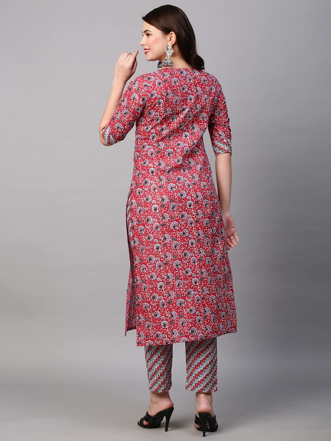 ANNI DESIGNER Women's Cotton Blend Printed Straight Kurta with Pant (Janar Red-Nw01)