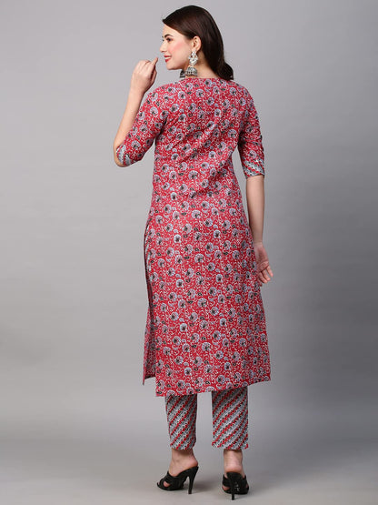 ANNI DESIGNER Women's Cotton Blend Printed Straight Kurta with Pant (Janar Red-Nw01)