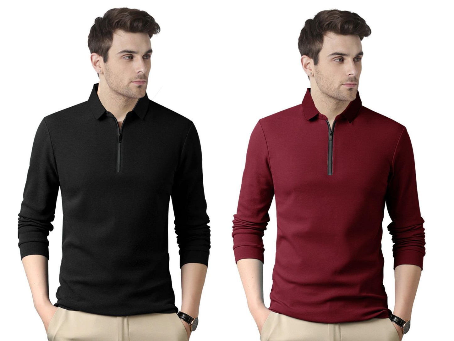 Noble Monk MenS Polo Neck Full Sleeves Solid T-Shirt Wine Red Black