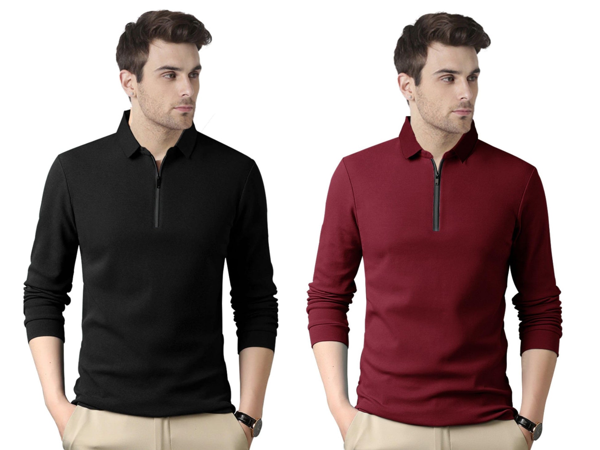Noble Monk MenS Polo Neck Full Sleeves Solid T-Shirt Wine Red Black