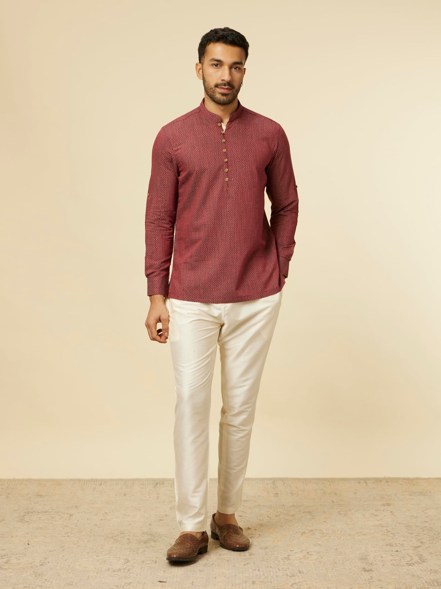 Manyavar MenS Short Kurta, Mandarin Collar Full Sleeves Ethnic Waist Length Kurta, Blended Viscose Printed Kurta For Festival,