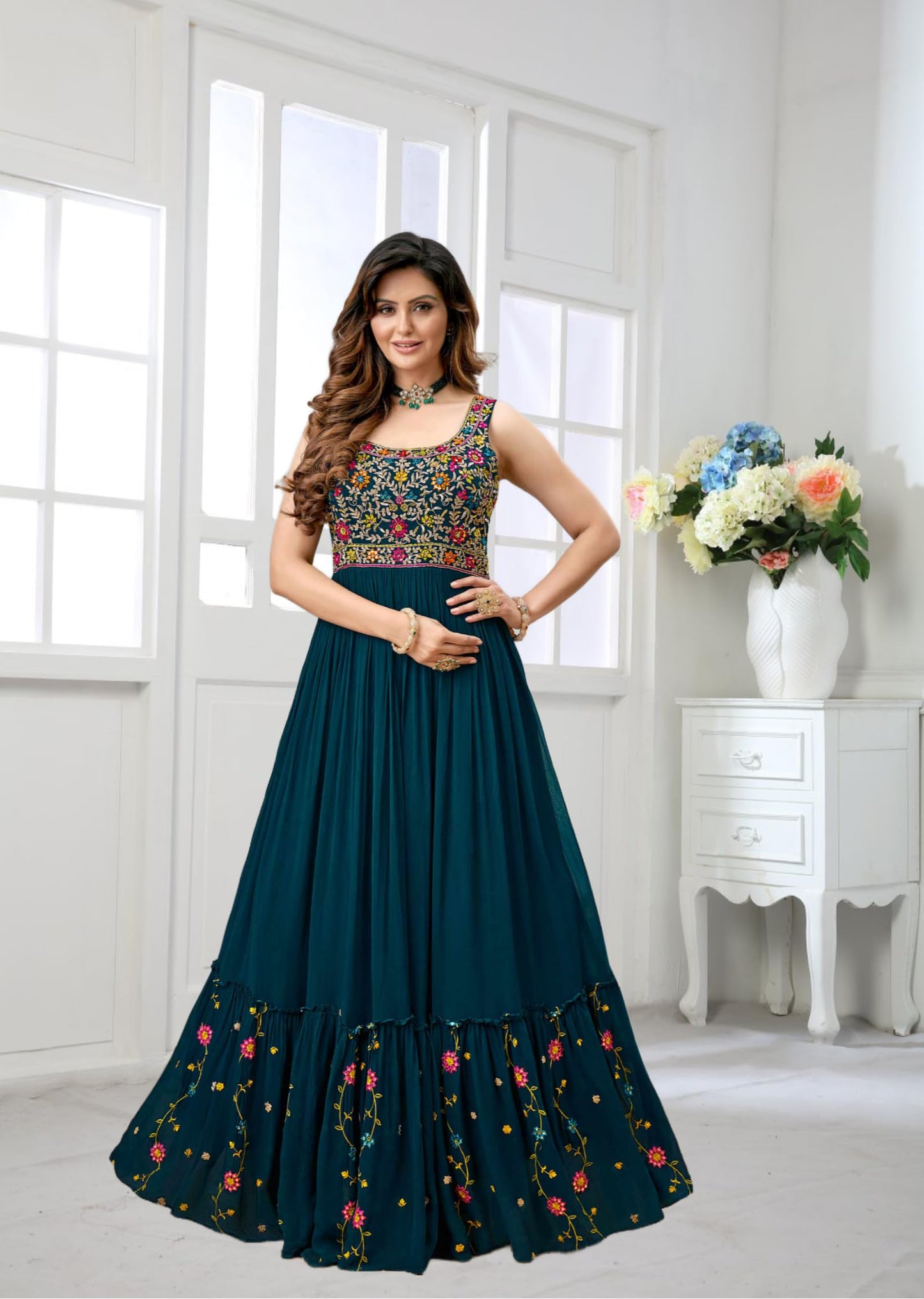 ELLITI Womens Georgette Rama Green Colour Stitched Traditional Stunning Outfit with Boutique Long Anarkali Western Dress Design