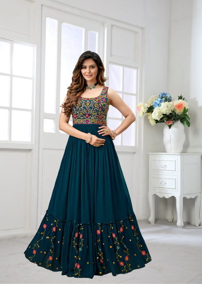 ELLITI Womens Georgette Rama Green Colour Stitched Traditional Stunning Outfit with Boutique Long Anarkali Western Dress Design