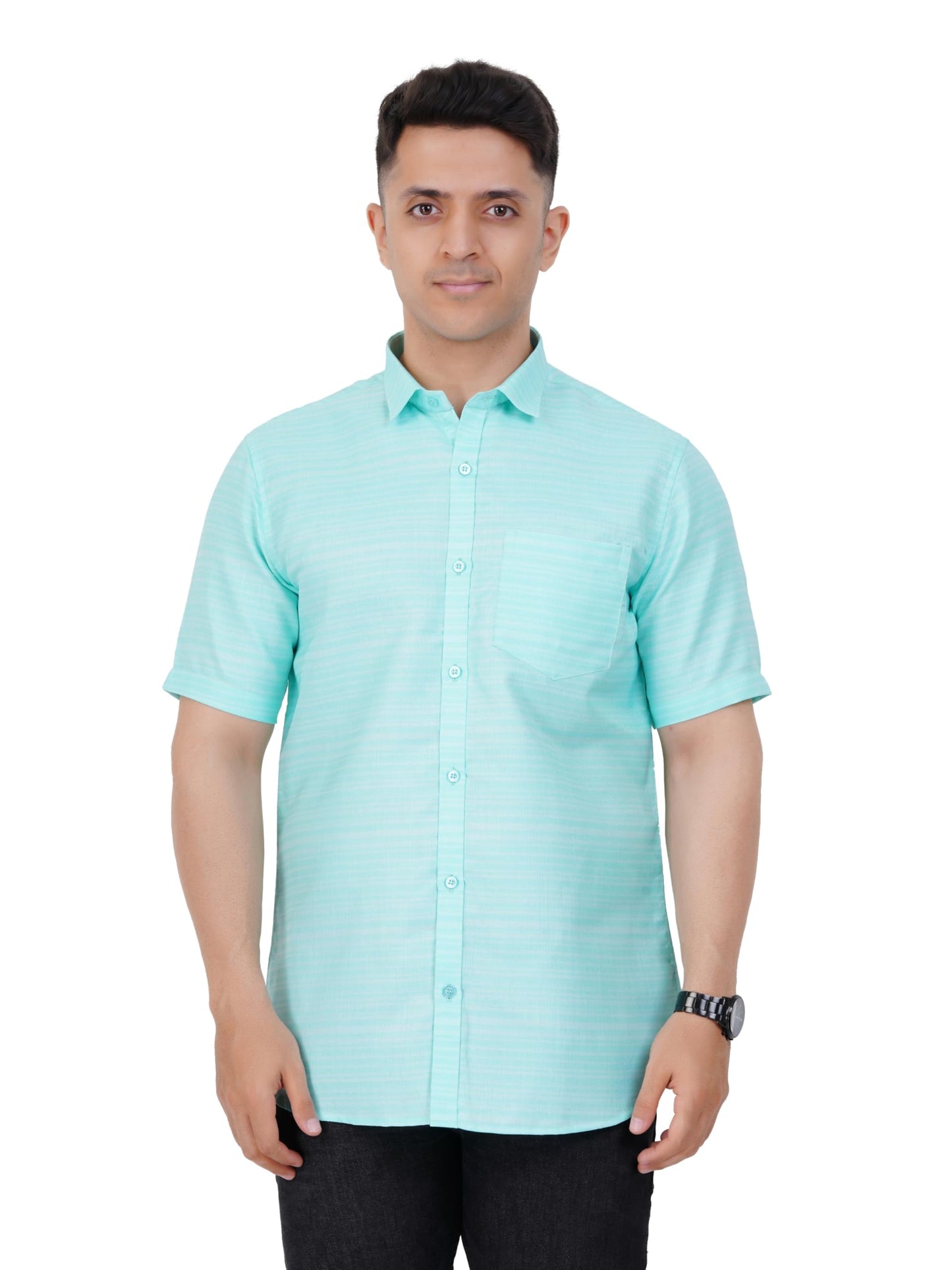 PRAKASAM COTTON Mens Self Design Cotton Half Sleeve Shirt for Mens/Formal Linen Cotton Shirt for Mens/Regular Fit Cotton Shirt f