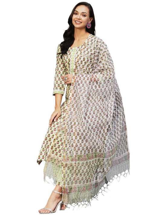 ANNI DESIGNER Women's Cotton Blend Straight Printed Kurta with Pant & Dupatta (World Green)