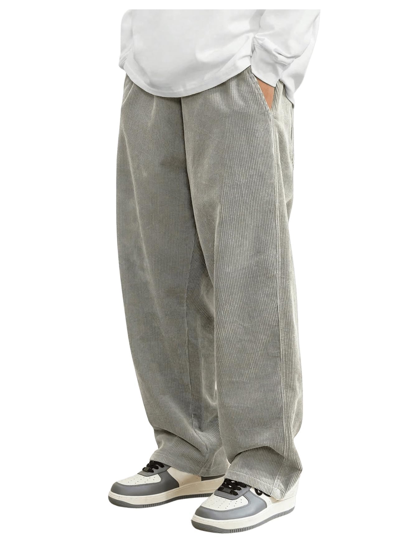AVANOVA Mens Light Grey Front Tie Loose Fit Corduroy Baggy Long Slacks Chino Pants with Slant Pocket Simple Casual Trousers, Go
