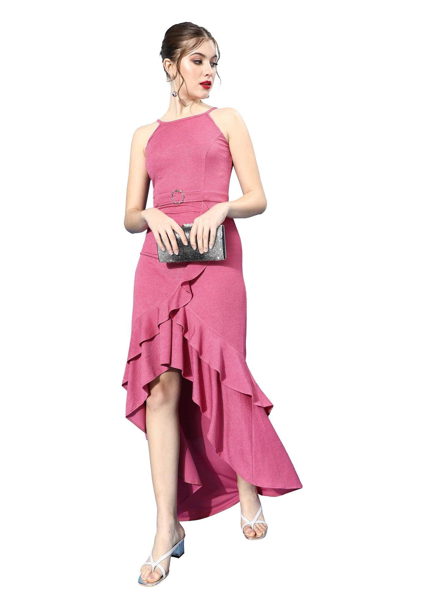 Miss Chase Womens Pink Halter Neck Sleeveless Knit Solid Dress (MCAW21D99-66-122-03, Pink, S)
