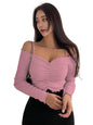 Sugathari Womens Peach Solid Colour Open Cold Off Shoulder Long Sleeve Lettuce Hem Casual Autumn Trim Tight- Slim Fitting Ruche