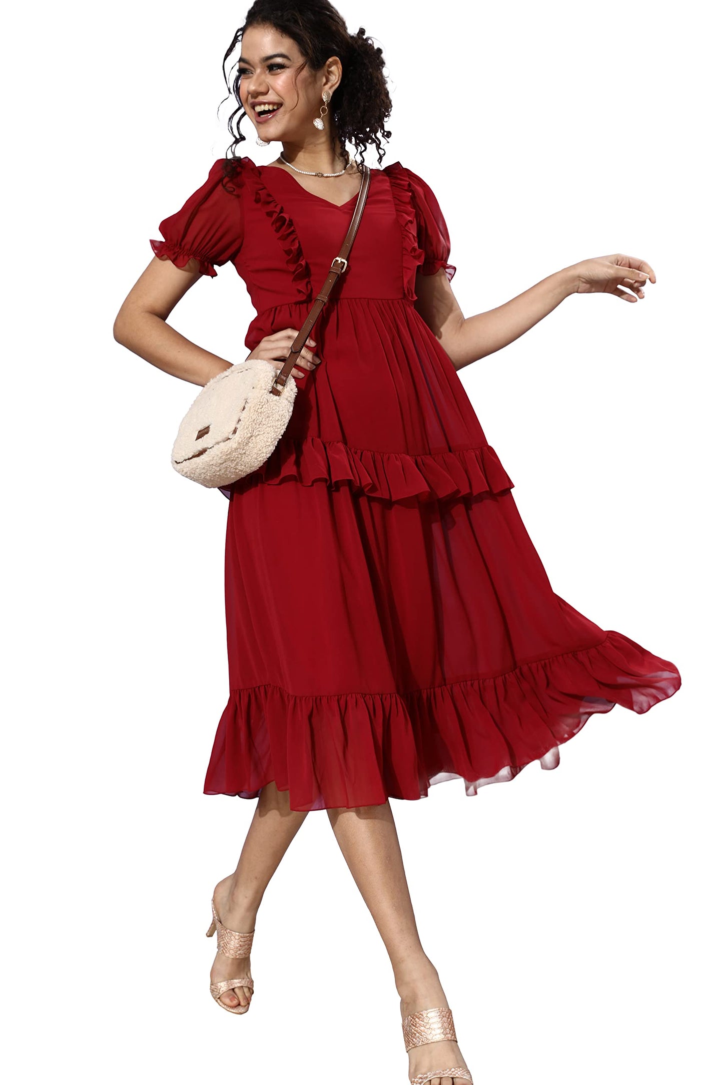 Miss Chase WomenS Maroon V-Neck Puff Sleeve Solid Tiered Ankle-Length Dress (Mcaw21D13-44-143-05, Maroon, L)