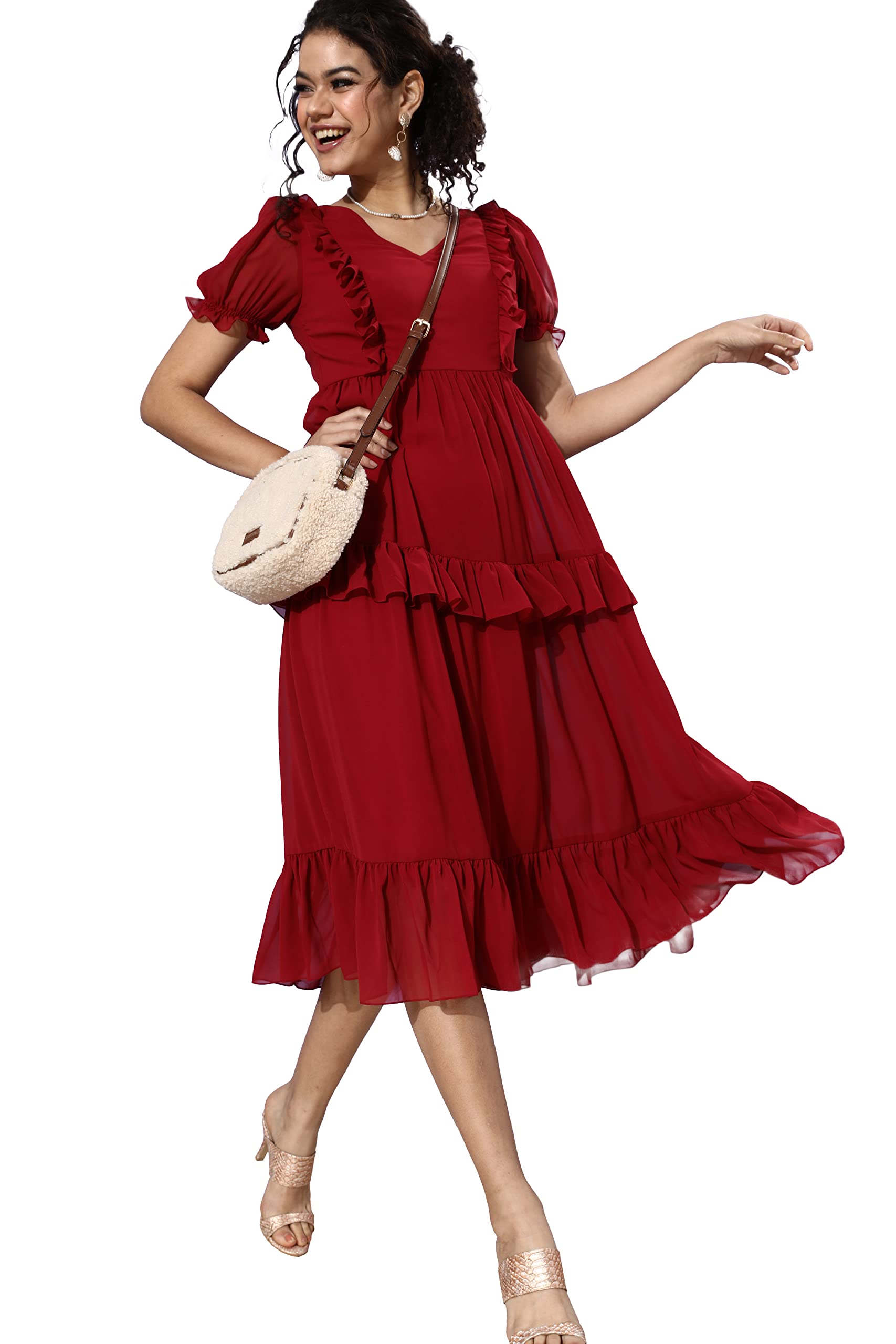 Miss Chase WomenS Maroon V-Neck Puff Sleeve Solid Tiered Ankle-Length Dress (Mcaw21D13-44-143-05, Maroon, L)