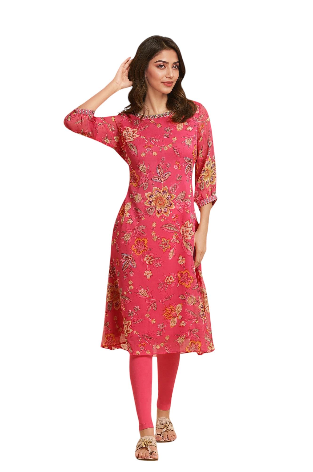 W For Woman Chiffon Printed Kurta With Multi-Coloured Floral Embroidery