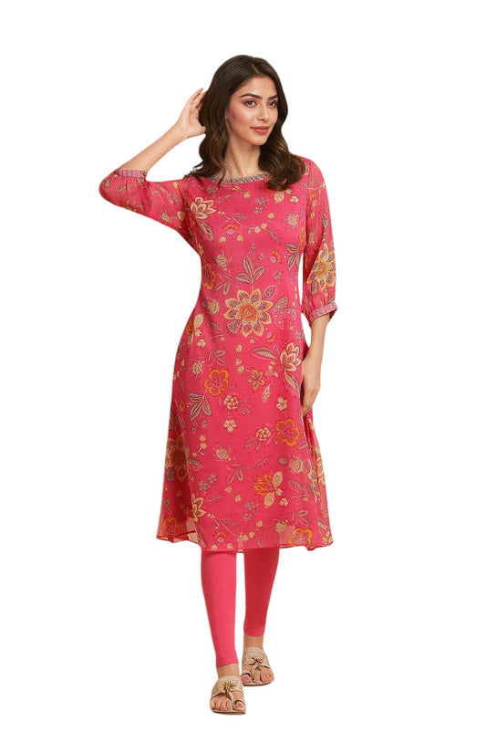 W For Woman Chiffon Printed Kurta With Multi-Coloured Floral Embroidery