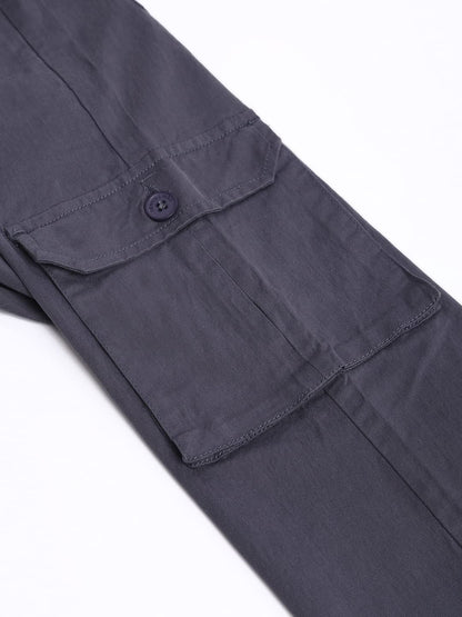 Dennis Lingo Mens Solid Cotton Casual Mid Rise Ankle Length Multi-Pocket Tapered Fit Stretchable Cargo Pant/Trousers (Steel Gre