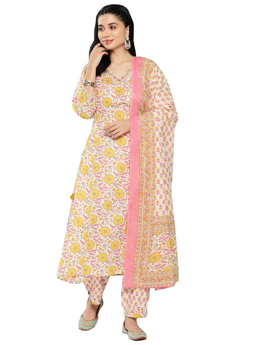 ishin Women's Pure Cotton Printed Yellow A-Line Kurta Suit Set with Pants