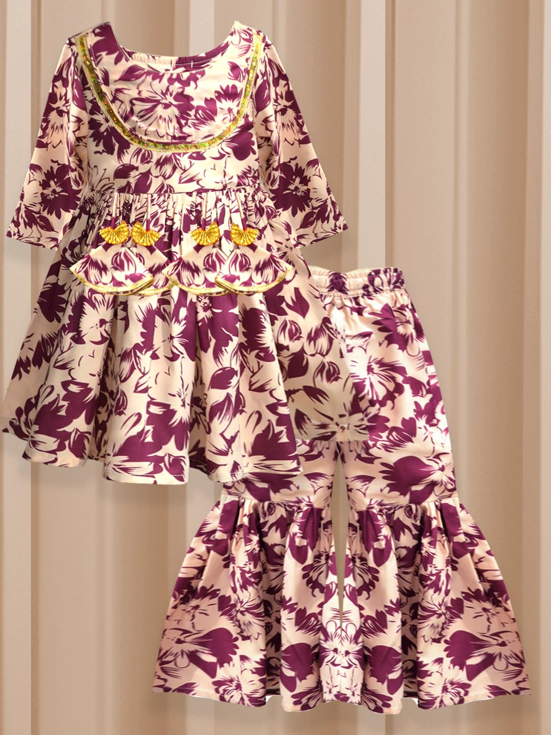 A.T.U.N. (All Things Uber Nice) A.T.U.N. Girls Ethnic Wear Sharara | Floral Cream And Wine Printed Kurta With Sharara Set For Gi