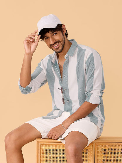 The Souled Store Original Textured Stripes: Arctic White Men Knit Shirts