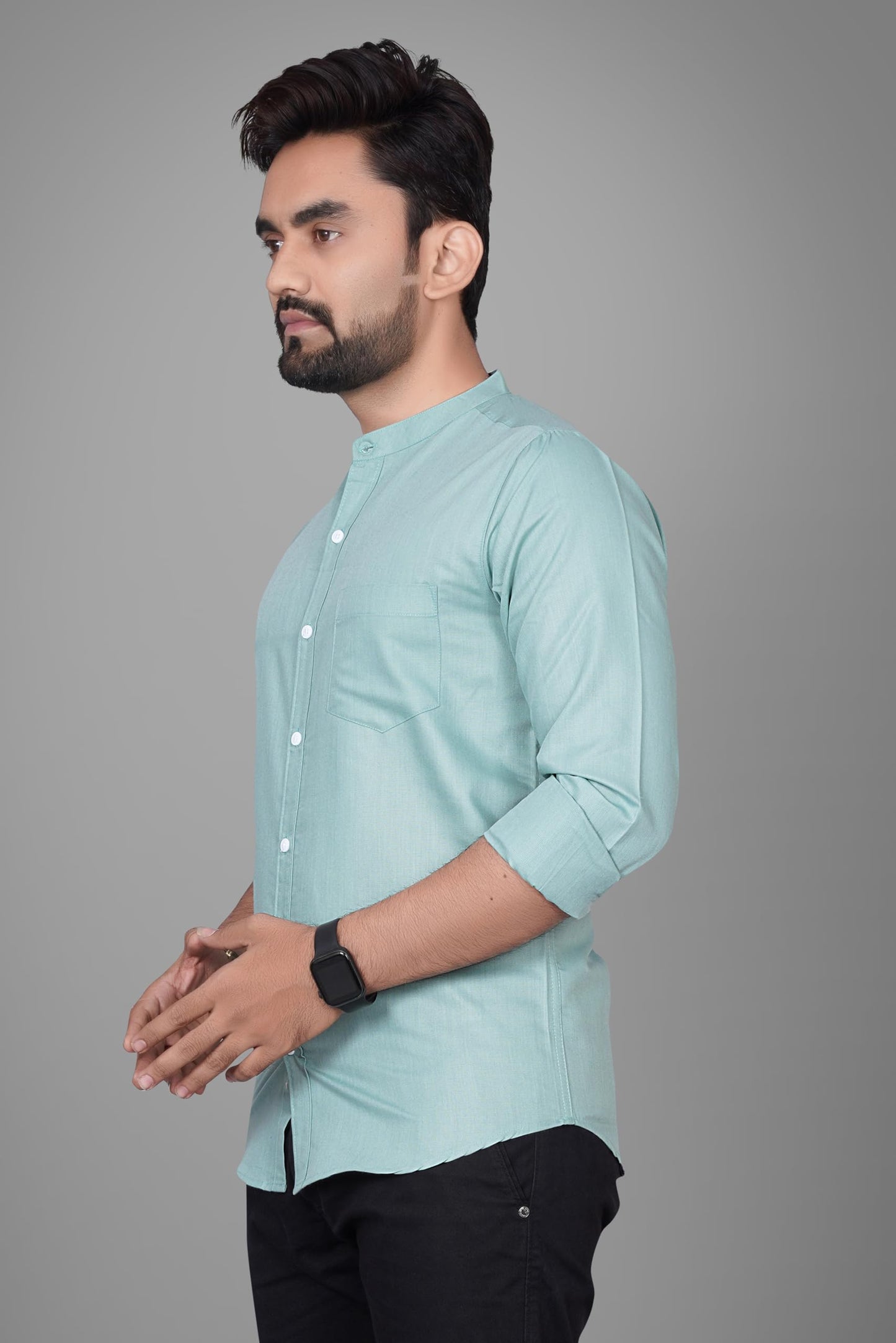 Besix MenS Cotton Solid Shirt With Mandarin Collared Full Sleeve Button Closure Curved Hem Straight Length And One Pocket | Mdr