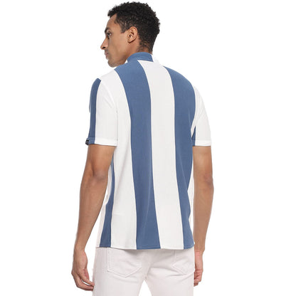 Campus Sutra Mens Chalk White & Royal Blue Balanced Striped Shirt for Casual Wear | Mandarin Collar | Short Sleeve | Button Clo