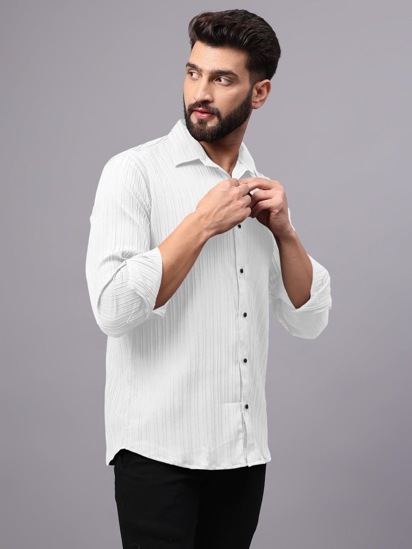 Finivo Fashion MenS Casual Button Down Shirts Long Sleeve Linen Shirt Fashion Textured Beach Summer Shirts White