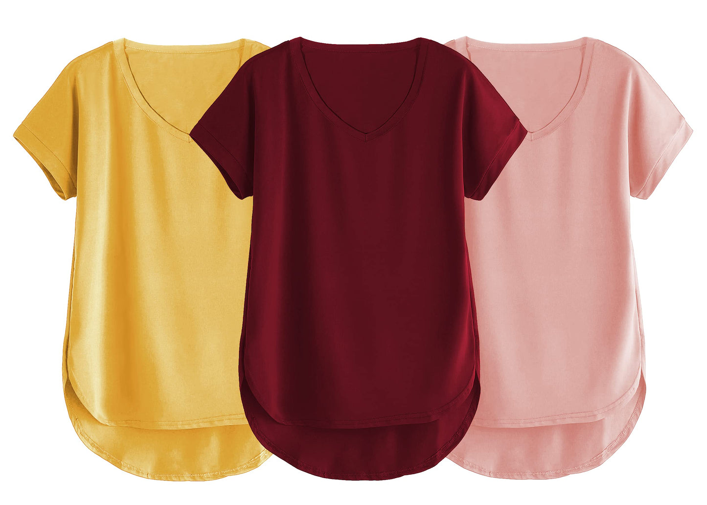 Fabricorn Combo Of Three Plain Maroon, Mustard Yellow And Dusty Rose V-Neck Up And Down Cotton Tshirt For Women (Maroon, Mustard