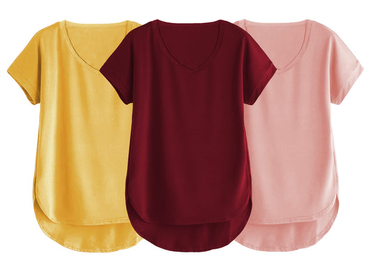 Fabricorn Combo Of Three Plain Maroon, Mustard Yellow And Dusty Rose V-Neck Up And Down Cotton Tshirt For Women (Maroon, Mustard