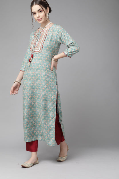 Varanga WomenS Sea Green Floral Embroidered Kurta  Ethnic, Stylish & Comfortable - Perfect For Casual & Formal Occasions (Mediu