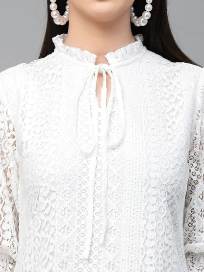 Style Quotient Women White Self Design Lace Regular Smart Casual Tops