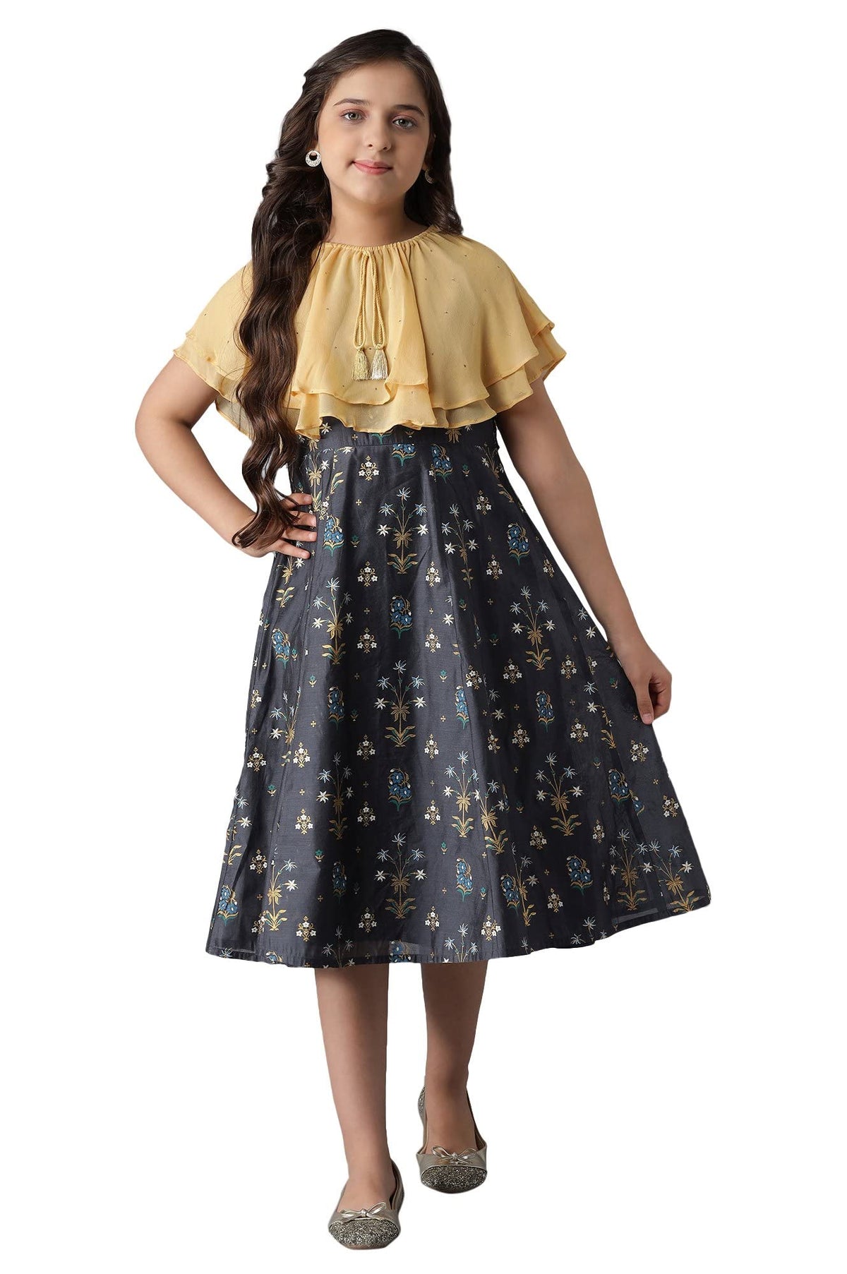 Aurelia Polyester Yellow Poncho and Grey Dress Girls Set Ankle Length (22AUG10217B-505278 10-11 Years)