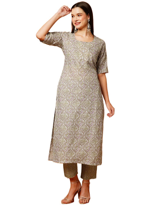 GoSriKi Women's Cotton Blend Printed Straight Kurta with Pant (BATAKLI-Pista-NW-GS)